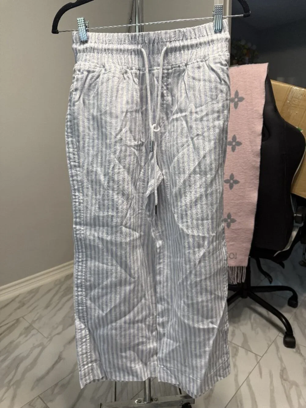 Quince 100% European Linen Wide Leg Pants Sky Blue Mariner Stripe - XS